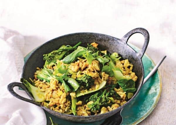Turmeric spiced rice with chicken & greensServes 4