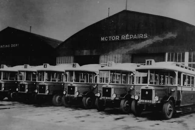 Blackpool buses parked up at the depo in the 1920s