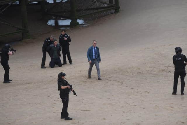 Tense scenes on Blackpool beach with James Nesbitt for the filming of Netflix crime thriller Stay Close