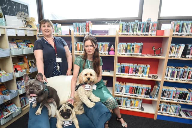 Montgomery Academy's school librarian Liane Coultas (left) with Estelle Bellamy from FCAT with Bingley, Dudley and Bruce, the school's reading therapy dogs. Picture: Daniel Martino/JPI Media
