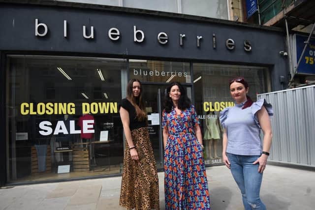 Sarah McConville owner , centre, Michelle Dickinson right, store manager and Jessica Coop, left, store assistant outside Blueberries in Topping Street