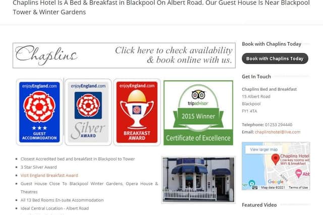 Out -of-date signage on Chaplin's Hotel website. Visit England has confirmed the hotel is n longer accredited since it changed hands in 2019