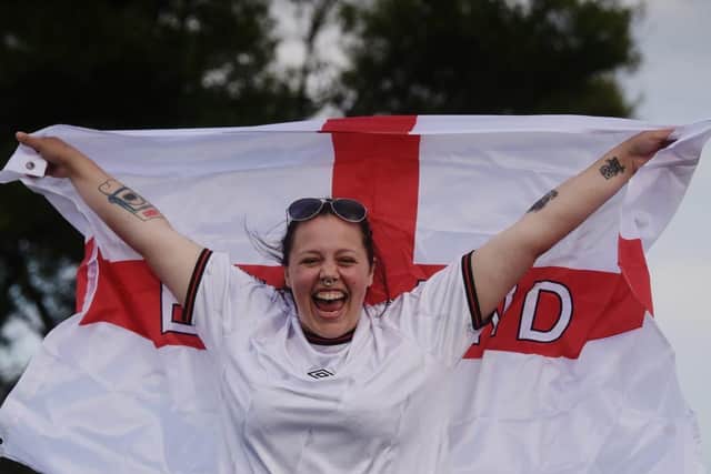 Hannah Hill, from London, getting ready to enjoy England v Ukraine at the Newton Arms pub in Norcross on Saturday, July 3, 2021 (Picture: Dan Martino for The Gazette)