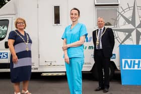 Dr Ruth Mason from Fernbank Surgery at the vaccination van with Couns Karen Harrison and Gavin Harrison