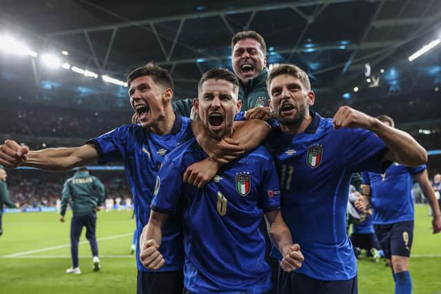 Italy celebrate their shootout victory over Spain and a return to Wembley for Sunday's final