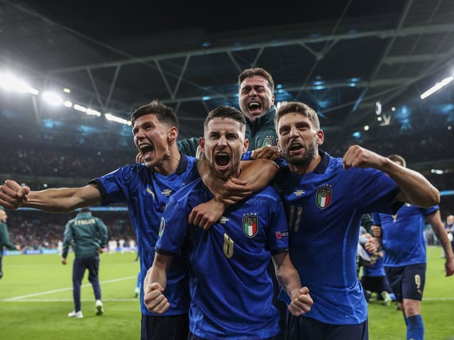 Italy celebrate their shootout victory over Spain and a return to Wembley for Sunday's final