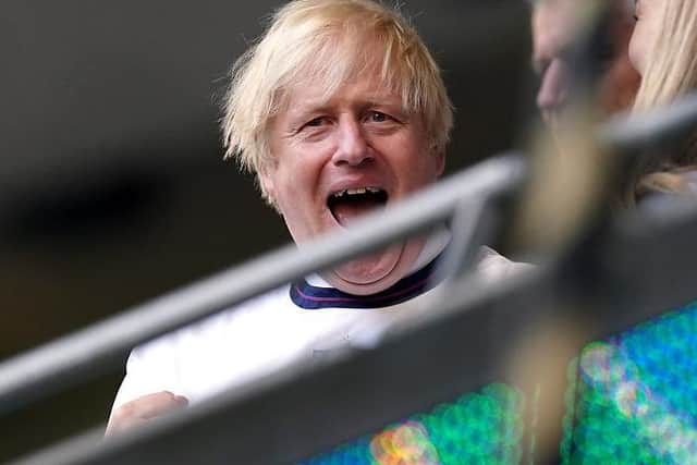 Prime minister Boris Johnson in the stands during the UEFA Euro 2020 semi final match at Wembley