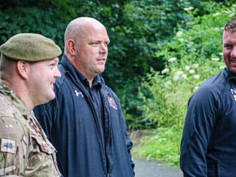 Fylde manager Jim Bentley and assistant Nick Chadwick (right) watch the squad undergo some army-style training at Dale Barracks
Picture: AFC FYLDE