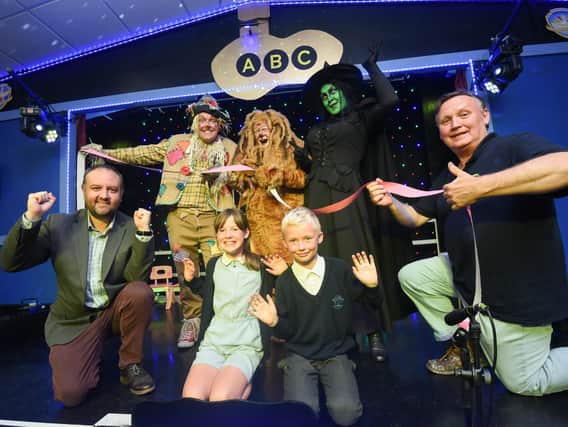 The cast from North Pier's The Wizard of Oz help open the new theatre at Mayfield Primary.  They are pictured with headteacher Glyn Denton, North Pier Theatre manager Denis Askham and pupils Kadie Hayes and Alex Lloyd.