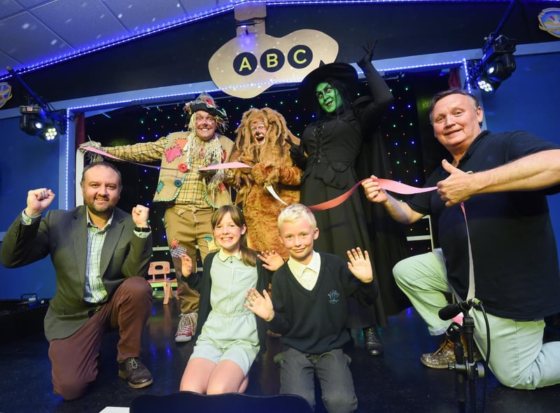 The cast from North Pier's The Wizard of Oz help open the new theatre at Mayfield Primary. They are pictured with headteacher Glyn Denton, North Pier Theatre manager Denis Askham and pupils Kadie Hayes and Alex Lloyd.