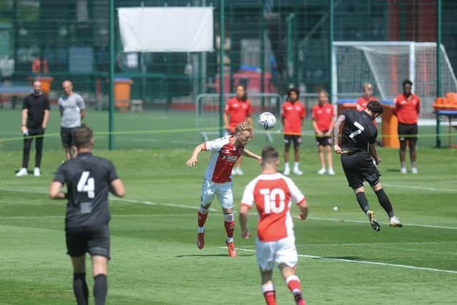 Max Clark in action for Fleetwood in Tuesday's Poolfoot Farm friendly against Port Vale