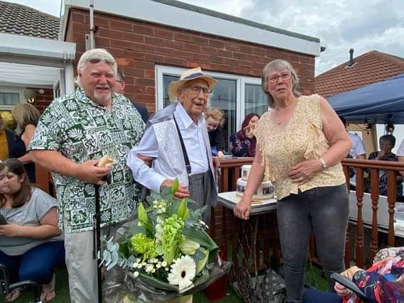 William Broadley with son, Wayne Broadley and daughter Lynn Moore at home celebrating his 100th birthday