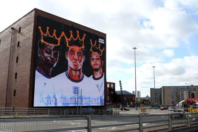 A Giant mural in support of the three England footballers Marcus Rashford, Jadon Sancho and Bukayo Saka has been unveiled in Manchester
