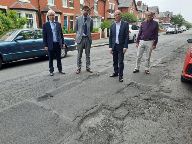 County Coun Charlie Edwards (second left) at Rossall Road with (from left) Mark Menzies MP, County Coun Tim Ashton and Fylde Ansdell ward councillor Richard Redcliffe.