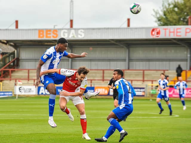 Emeka Obi in action for tonight's opponents Wigan last season at Fleetwood Town