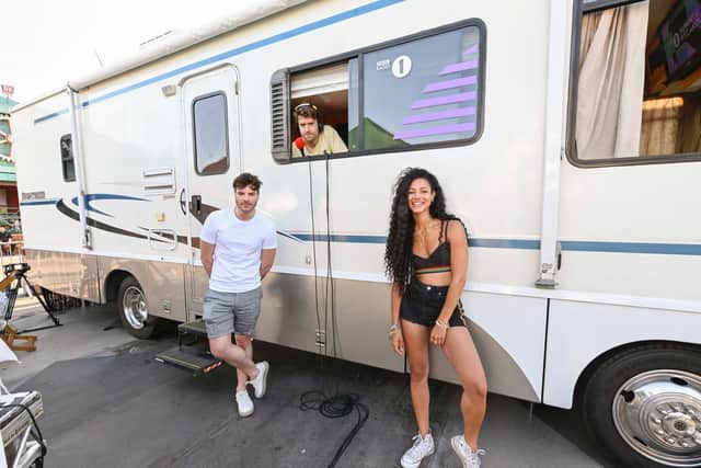 BBC Radio One presenters Jordan North, Greg James and Vick Hope are having a ball in Blackpool ... well, maybe not Greg, who is currently locked in a camper van on the Pleasure Beach. Pic: Radio 1’s Summer Break Out