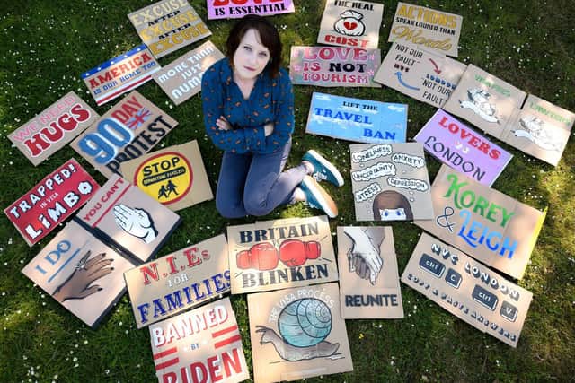 Leigh Barton with some of the placards she has made during the 90-day protest
