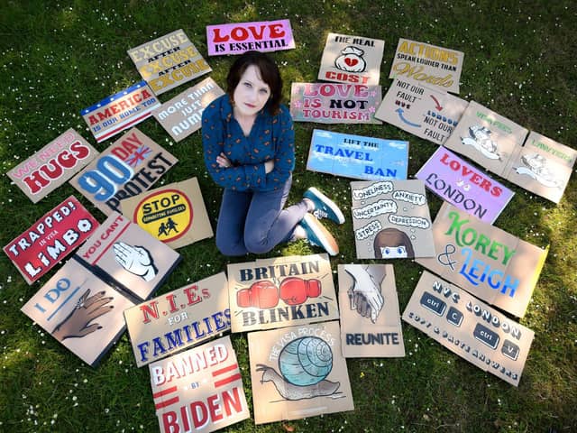 Leigh Barton with some of the placards she has made during the 90-day protest