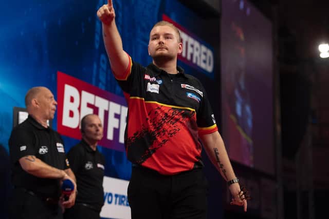 Dimitri Van den Bergh moved into the last four of the Betfred World Matchplay at the Winter Gardens Picture: Lawrence Lustig/PDC