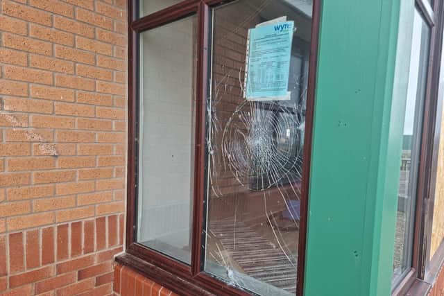 One of the smashed windows, which could take "up to six weeks" to replace. Pic: JPI Media