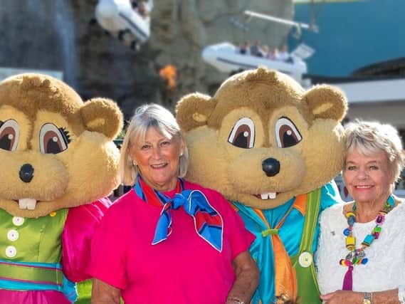 Barbara Thompson (centre) with Judith Chalmers and Pleasure Beach mascots