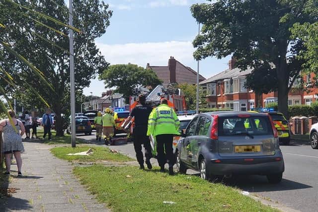 Five police cars, two ambulances and two fire engines were called to a road traffic collision in Marton Drive. (Photo by Mel Greenhalgh)