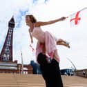 Kira Malou (Baby) and Michael O'Reilly (Johnny) on Blackpool promenade in front of the Tower to launch Dirty Dancing at The Opera House, Winter Gardens. Photo: Kelvin Stuttard