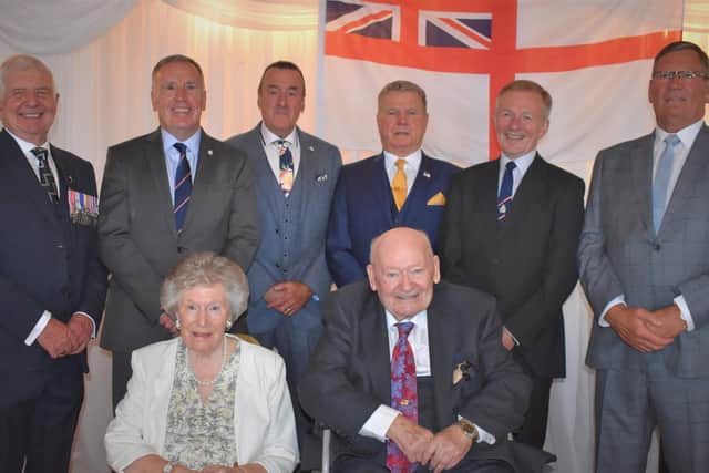 Derek and Jean Scrivener with some of the ex-Sea Cadets who nominated him for the award