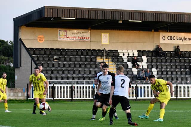 Sam Osborne fires home Fylde's second goal at Bamber Bridge
