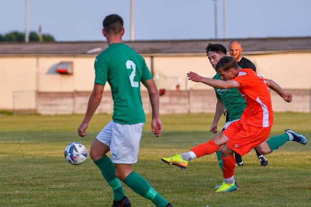 John-Jo Morris scoring one of his two goals for early pace-setters AFC Blackpool against Holker Old Boys
Picture: ADAM GEE