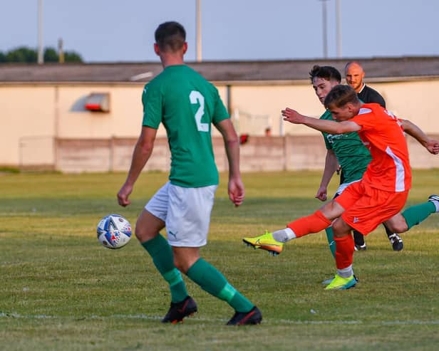 John-Jo Morris scoring one of his two goals for early pace-setters AFC Blackpool against Holker Old Boys
Picture: ADAM GEE