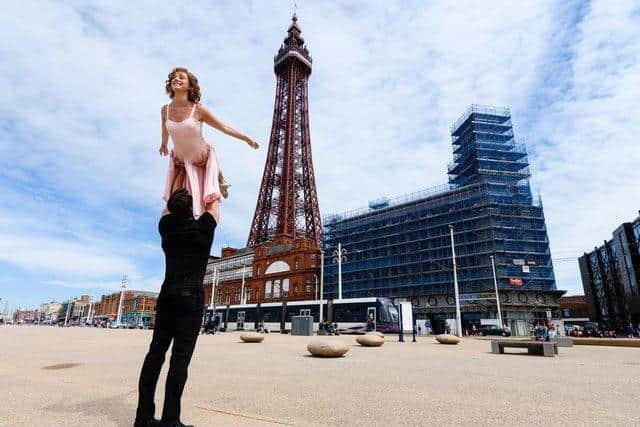 Kira Malou (Baby) and Michael O'Reilly (Johnny) on Blackpool promenade in front of the Tower. (Photo: Kelvin Stuttard)