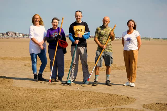 Artist Richard Shilling (centre) with (from left) Tracey Hope, lead co-ordinator for Fylde litter picking volunteers; ,land artists Julia Brooklyn and Justin Lindsey-Noble and Fylde Council leader Karen Buckley