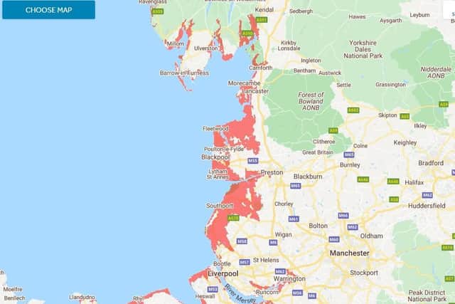 A map from Climate Control which shows areas of the coast set to flood more by 2040 if no action is taken