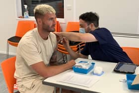 Blackpool FC striker Gary Madine gets the Covid-19 vaccine. A vaccine van will be at Bloomfield Road ahead of the Seasiders’ match with Cardiff City, so supporters can get their jabs