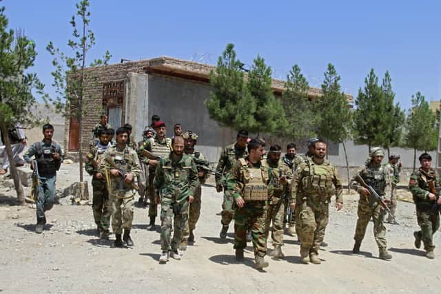 Afghan security personnel patrol after they took back control of parts of the city of Herat following fighting between Taliban and Afghan security forces on Sunday, August 8. Pic: AP Photo/Hamed Sarfarazi