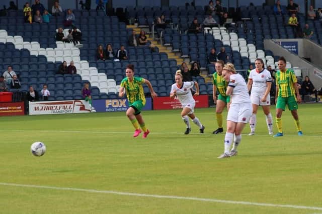 Jodie Redgrave scores the first of her two goals from the penalty spot
Picture: FYLDE WOMEN