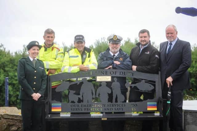 The unveiling of the emergency services bench at Gynn Square