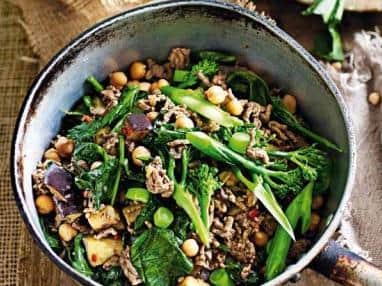 Spicy beef with aubergine and  chickpeas