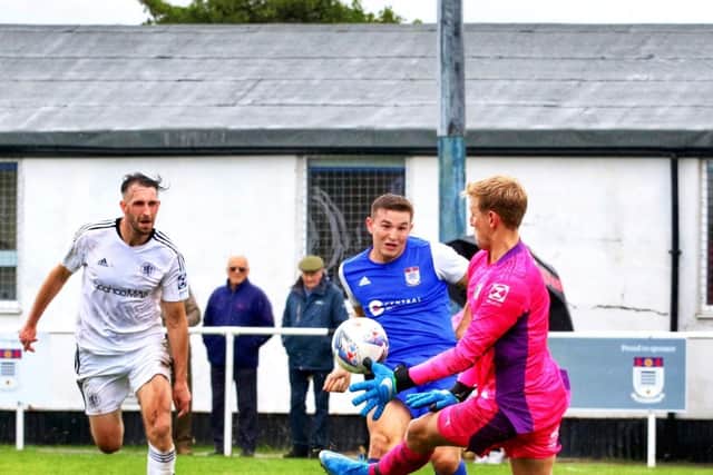 Squires Gate's Dean Ing scores his second goal Picture: Ian Moore