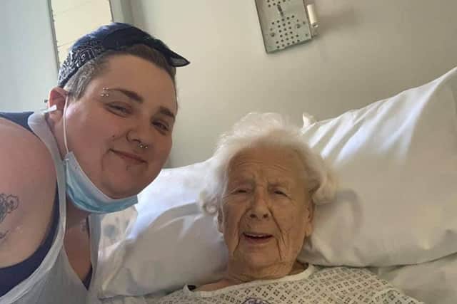 Edith is currently in Blackpool Victoria Hospital, where she is only able to have visits from her great-granddaughter Lauren (pictured). Pic: Sharon Sanderson-Roberts