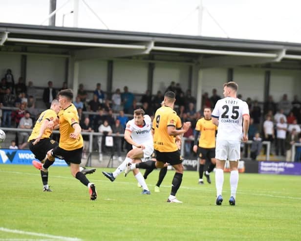 Joe Piggott scores Fylde's winner against Southport