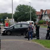 Pictures taken at the scene at the junction of Devonshire Road and Warley Road show the mangled bikebeside a dark-coloured Ford with severe damage to its front