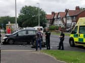Pictures taken at the scene at the junction of Devonshire Road and Warley Road show the mangled bikebeside a dark-coloured Ford with severe damage to its front