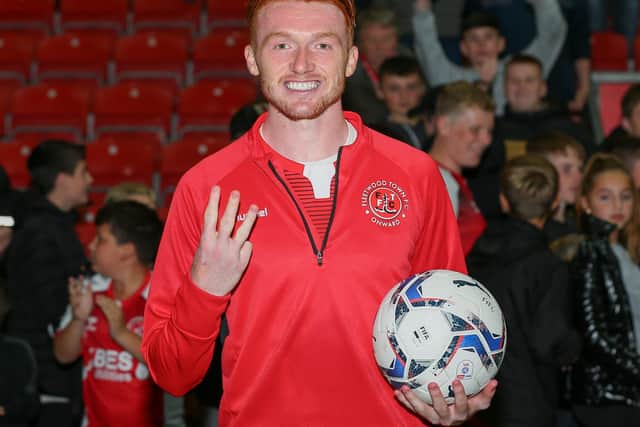 Fleetwood Town striker Callum Morton with the matchball after his 'perfect' hat-trick in the Papa John's Trophy win over Leicester City Under-21s