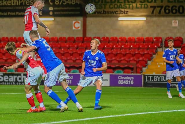 Ryan Edmondson, one of Fleetwood's summer signings, scores his first goal for the club in the Papa John's Trophy win over Leicester Under-21s