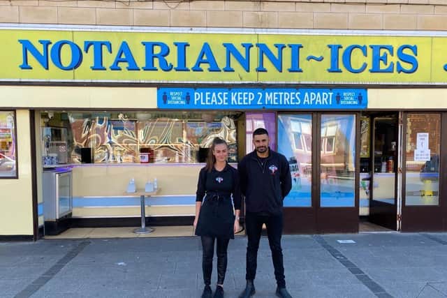 Managing director of Notarianni Ices Luca Vettese with his sister Maddalena, who have adopted compostable packaging in a bid to protect the environment. Pic: Blackpool Council