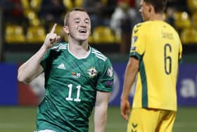 Lavery celebrates scoring his first goal for Northern Ireland. Picture: PA