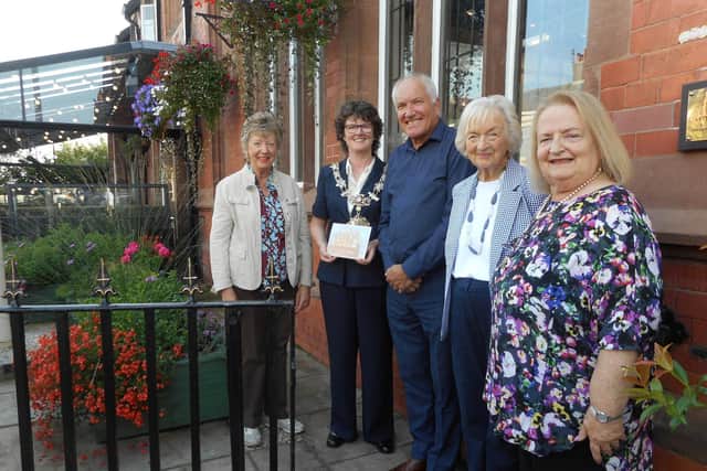 Fylde  mayor Coun Elaine Silverwood at the ceremony with family representative David Ashton,  Heritage Group president Audrey Kirby (second right), chairman Sue Forshaw (right) and currently exhibiting artist Margaret Rodwell