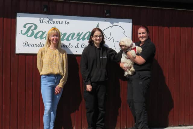 Karen Jones Disability Employer Adviser based at St Annes Jobcentre with Mandy Taylor of Balmoral Kennels and Emily Seldon, centre, who has been helped by the Kickstart scheme